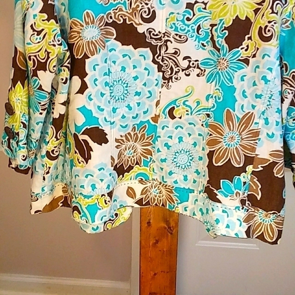 Kim Rogers 100% Linen Green White Open Jacket Blazer 3/4 Sleeves Lined Size 2X - Picture 6 of 10